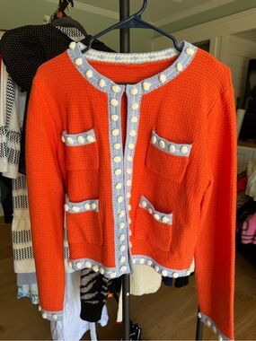 Women's Orange Knit Cardigan with Contrast Trim